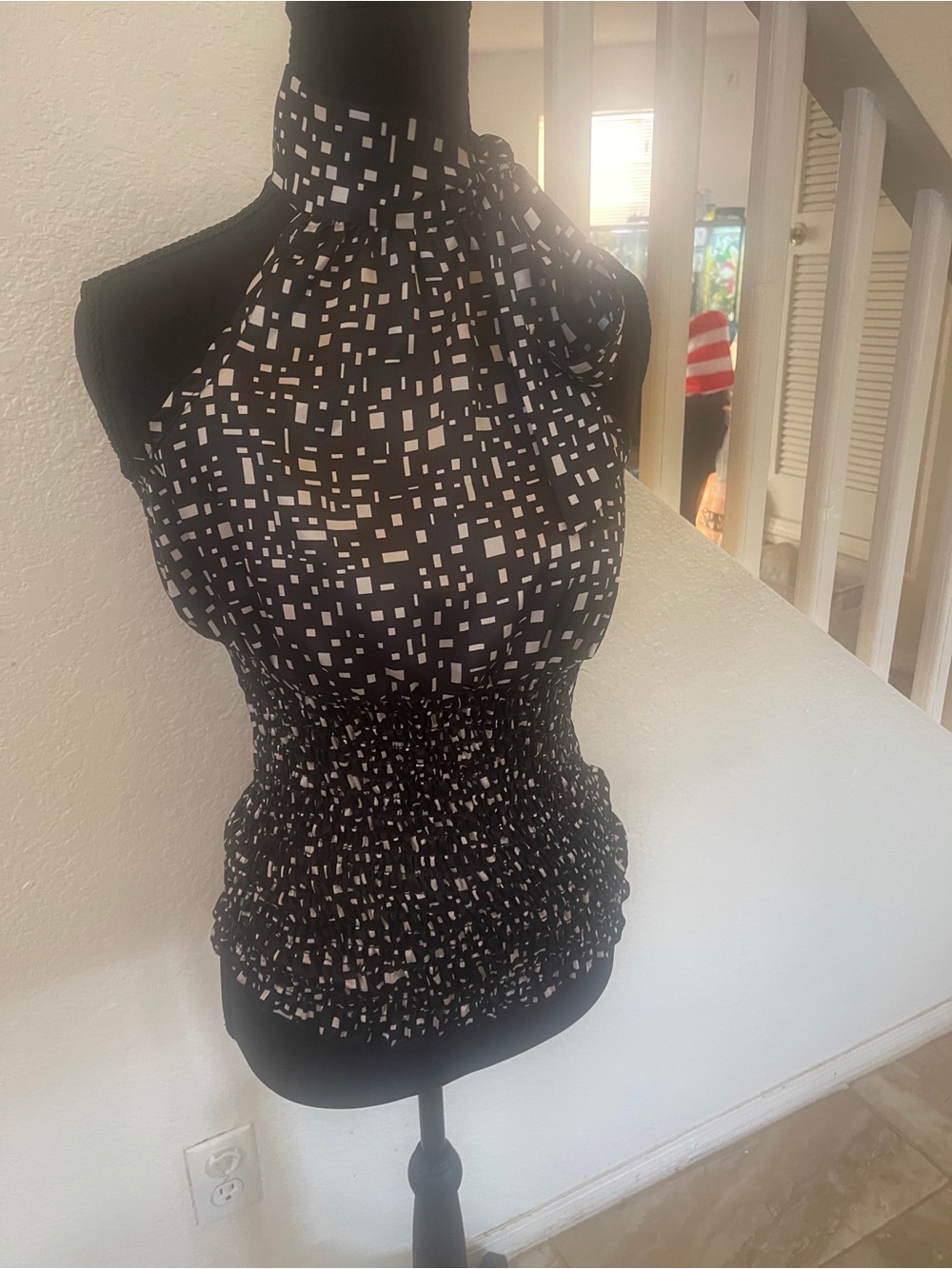 Smocked Halter Camisole in Black and White Geo Print